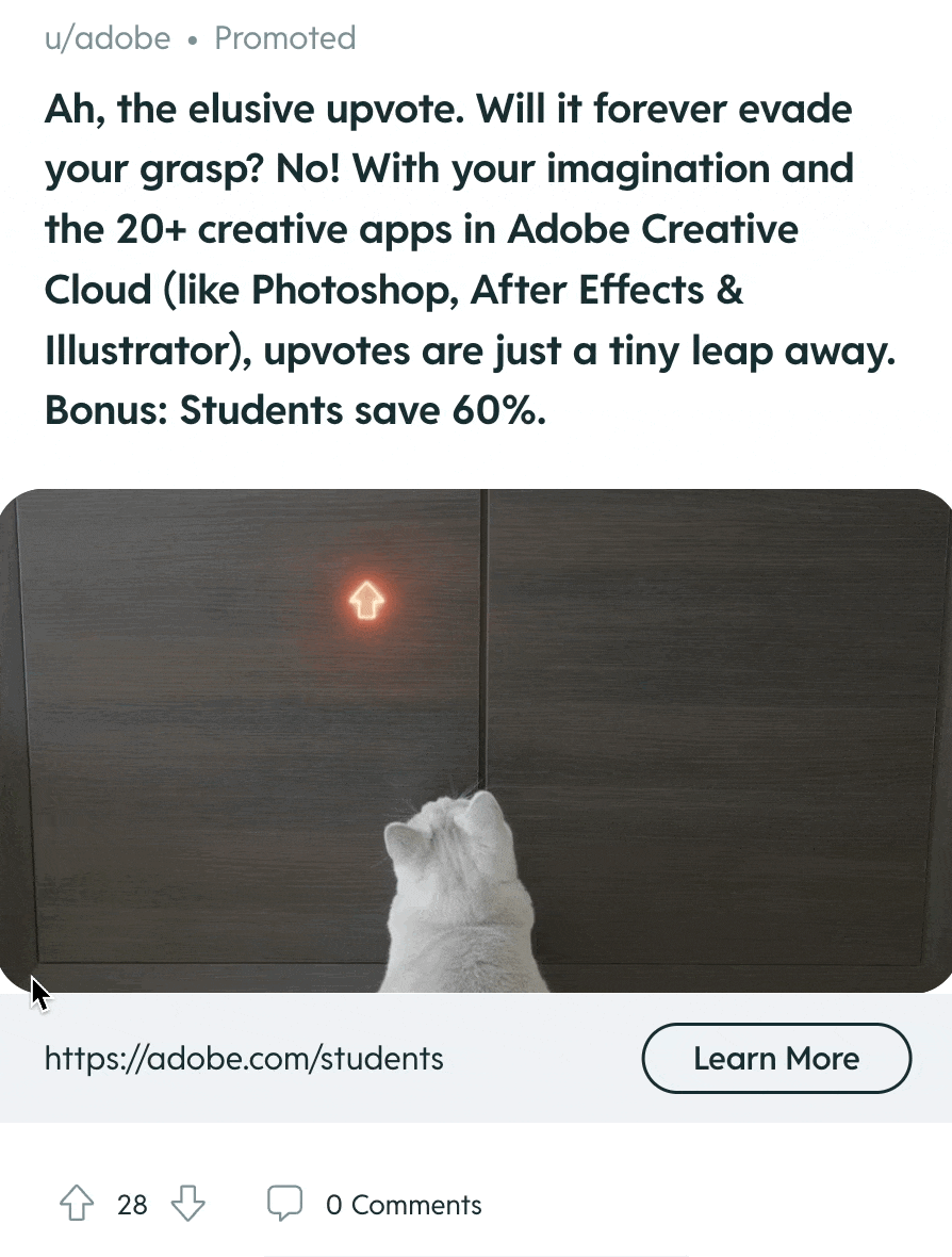 This gif shows an example of Adobe and Reddit's KarmaLab successful campaign that resonated with Reddit's sense of humor and in-jokes