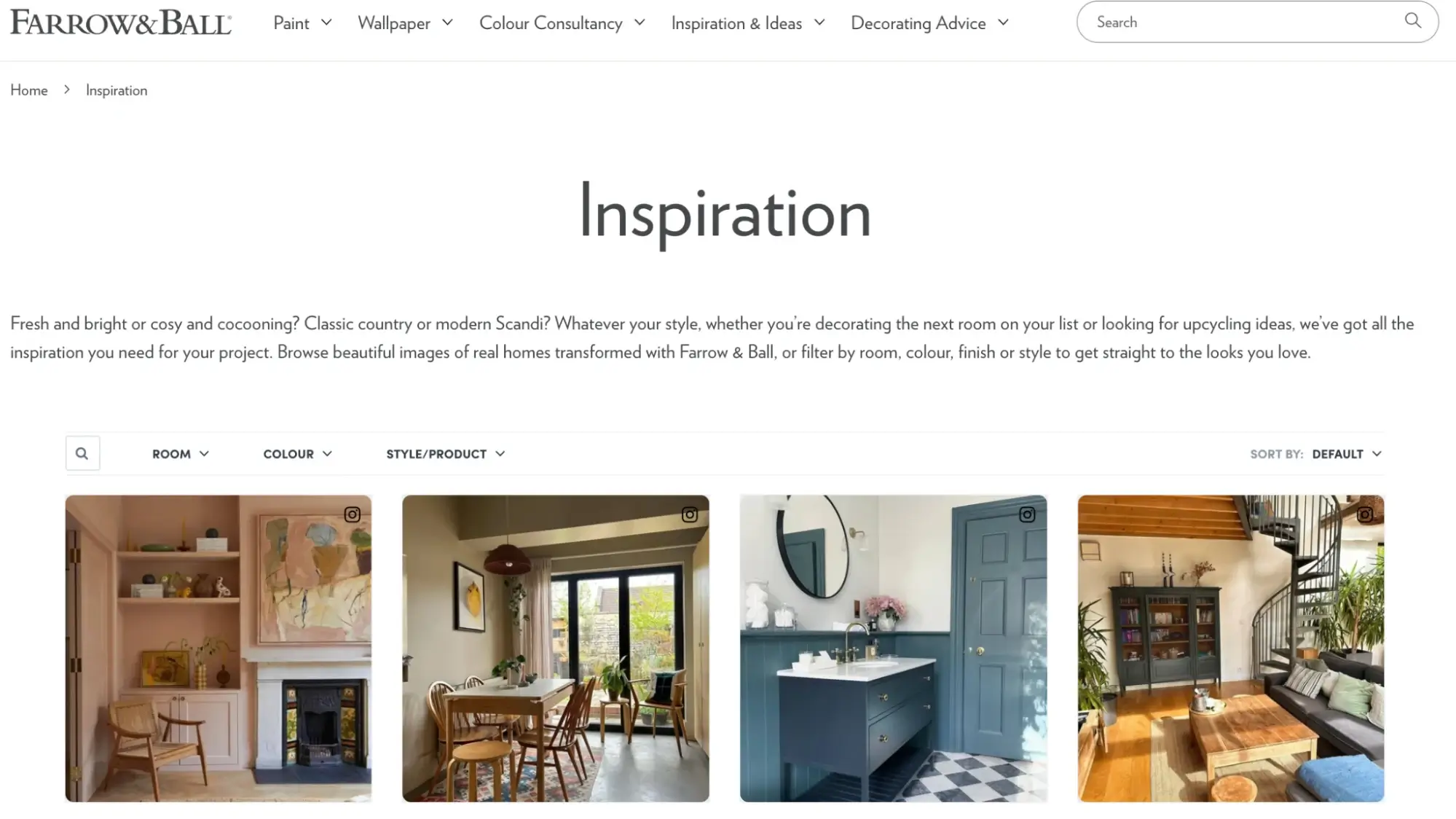 This is a screenshot of Farrow & Ball's website's Inspiration page, showcasing customer photos of spaces painted with their products in an authentic display of user-generated content.