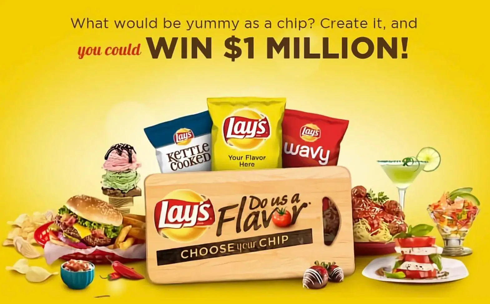 This image shows Lay's 'Do Us a Flavor' promotion campaign encouraging people to create a new chip flavor for a chance to win $1 million, featuring various food items and Lay's chip bags