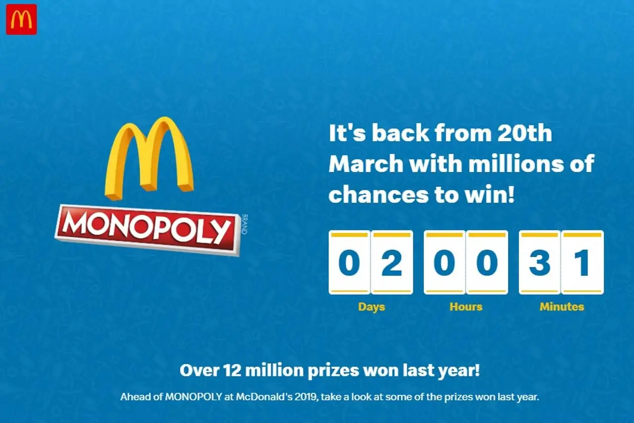 This image shows a McDonald's and Monopoly promotion ad with a countdown timer. Text reads, "It's back from 20th March with millions of chances to win!" Below, it states, "Over 12 million prizes won last year!"