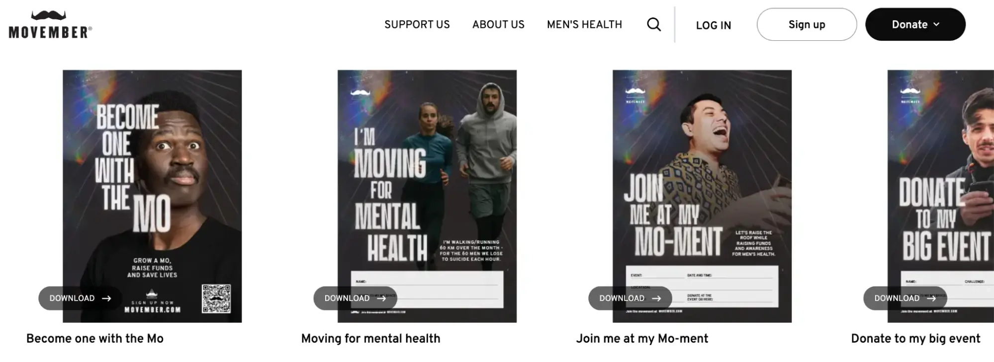 This is a screenshot of Movember website showing posters promoting men's health initiatives, including growing a mustache, moving for mental health, hosting events, and fundraising