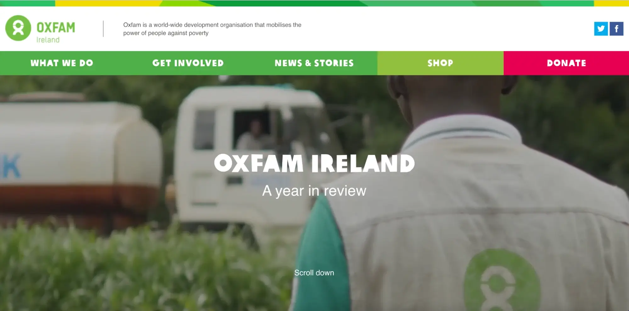 This is a webpage screenshot of Oxfam Ireland’s homepage, showing the Oxfam Ireland logo and tagline, 'Oxfam is a worldwide development organisation that mobilises the power of people against poverty.' Text on the main image reads, 'Oxfam Ireland: A year in review.'