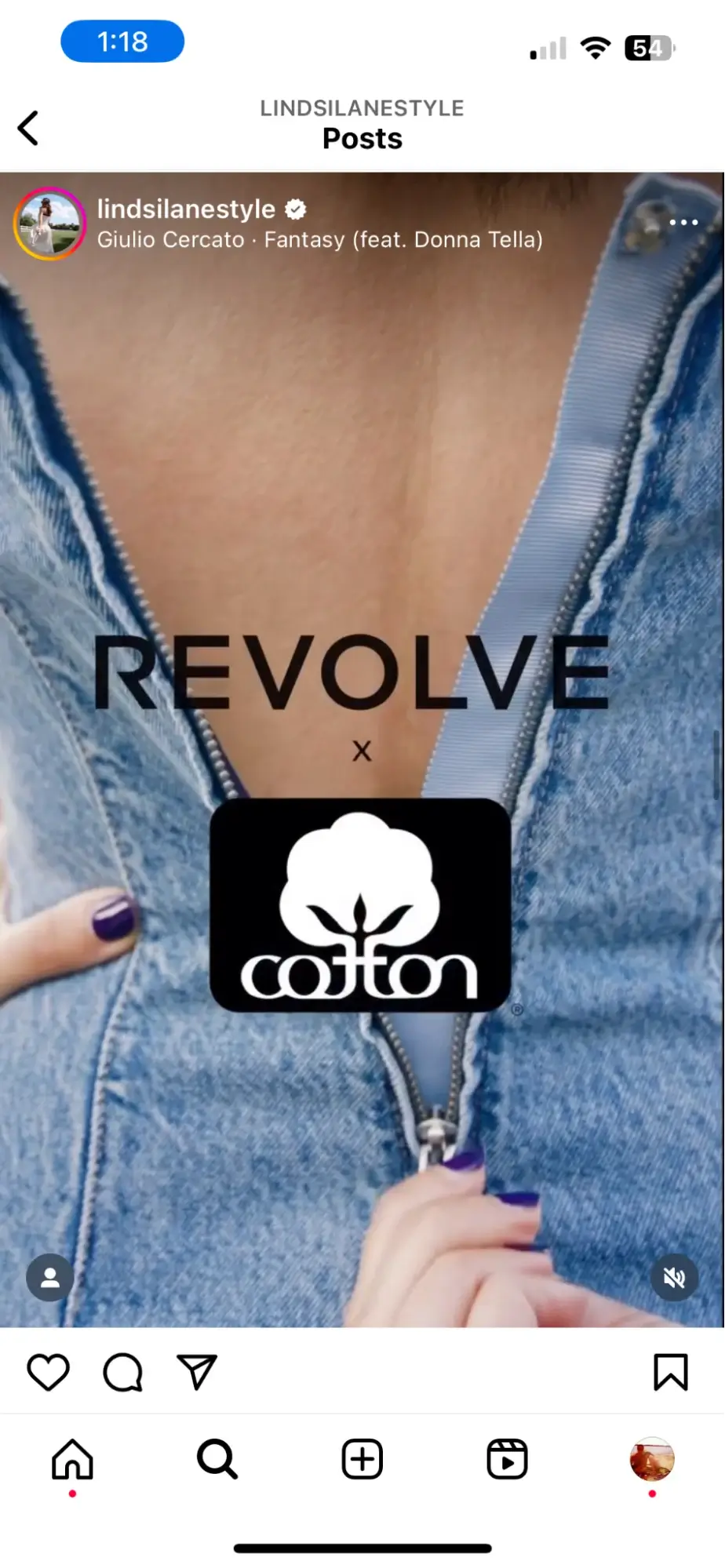 This is a close-up image of someone pulling the zipper of a blue denim garment. Text reads 'REVOLVE x Cotton' with the Cotton logo