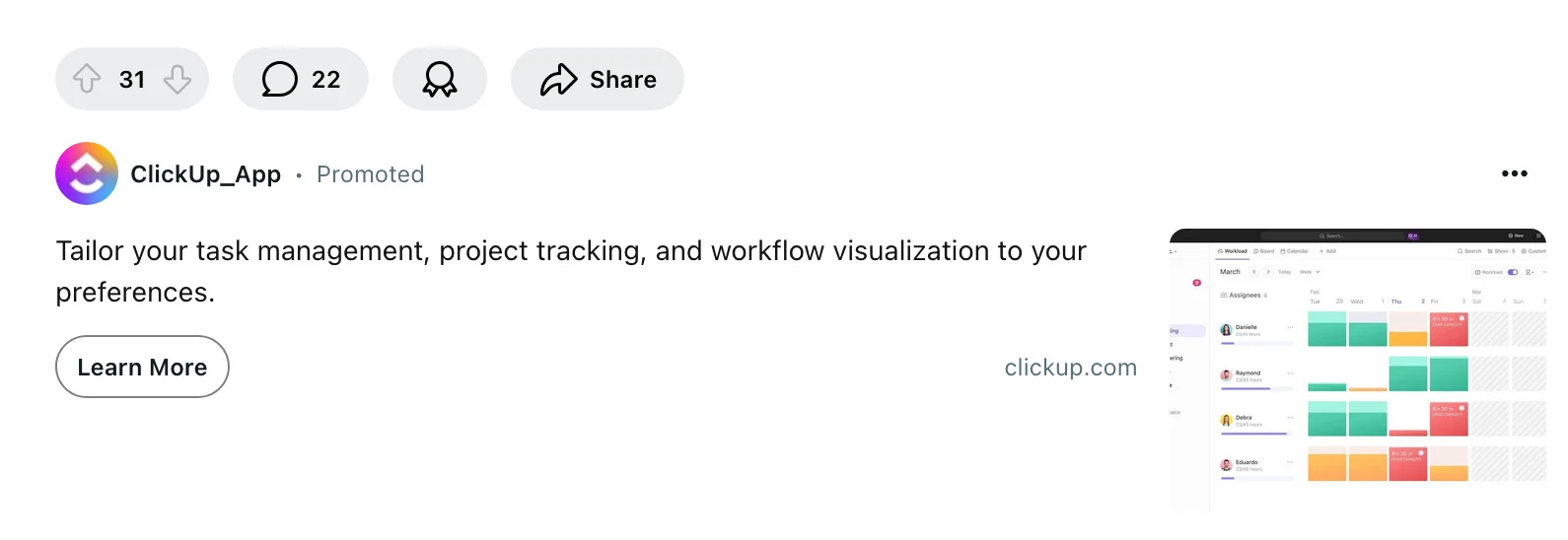 This image shows an example of a sponsored post by ClickUp