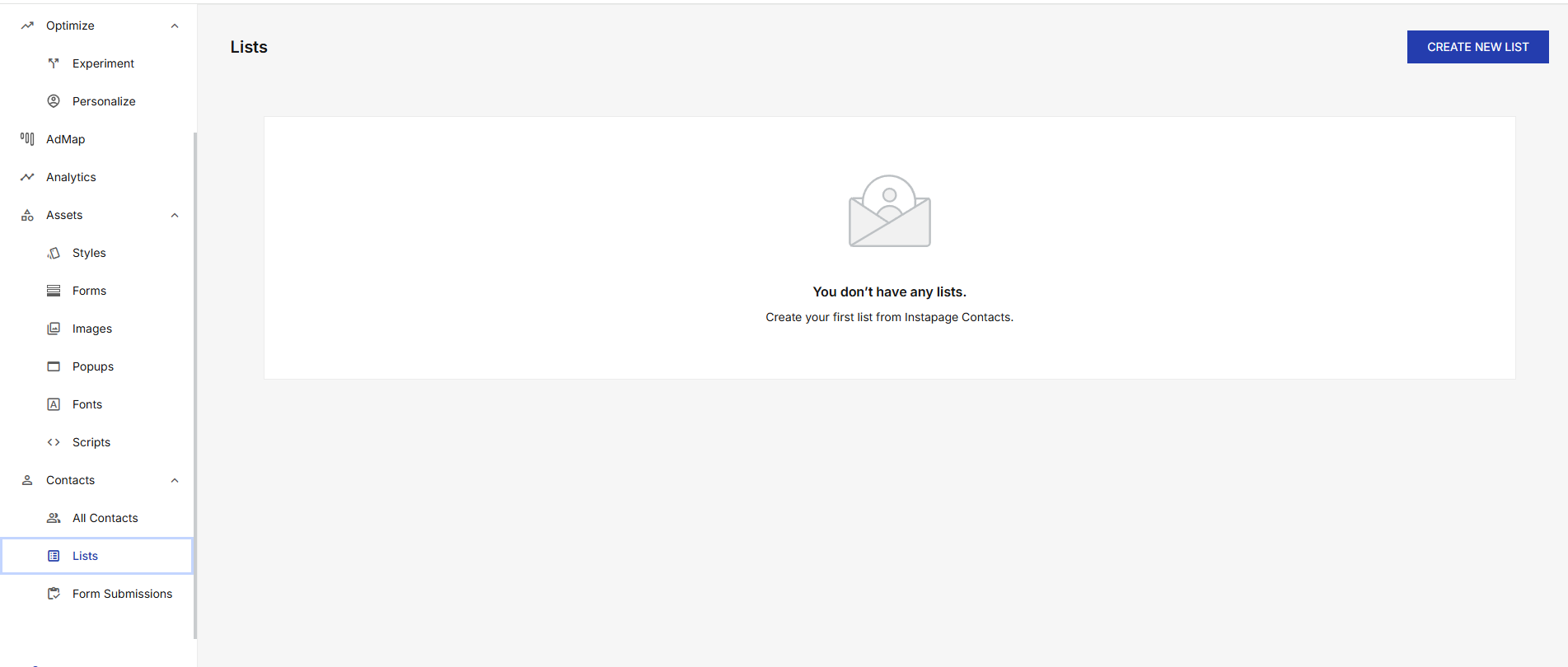 This image shows how to view all contact lists through the new 'Lists' section in the Instapage Workspace sidebar