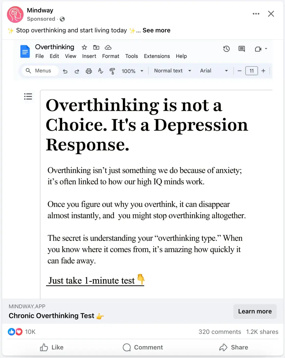 This image shows an example of a Mindway app ad that demonstrates a clear message match between its ad and landing page messaging