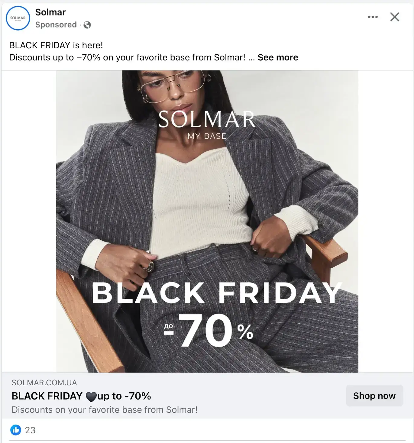 This image shows an example of a single image ad of Solmar Black Friday campaign