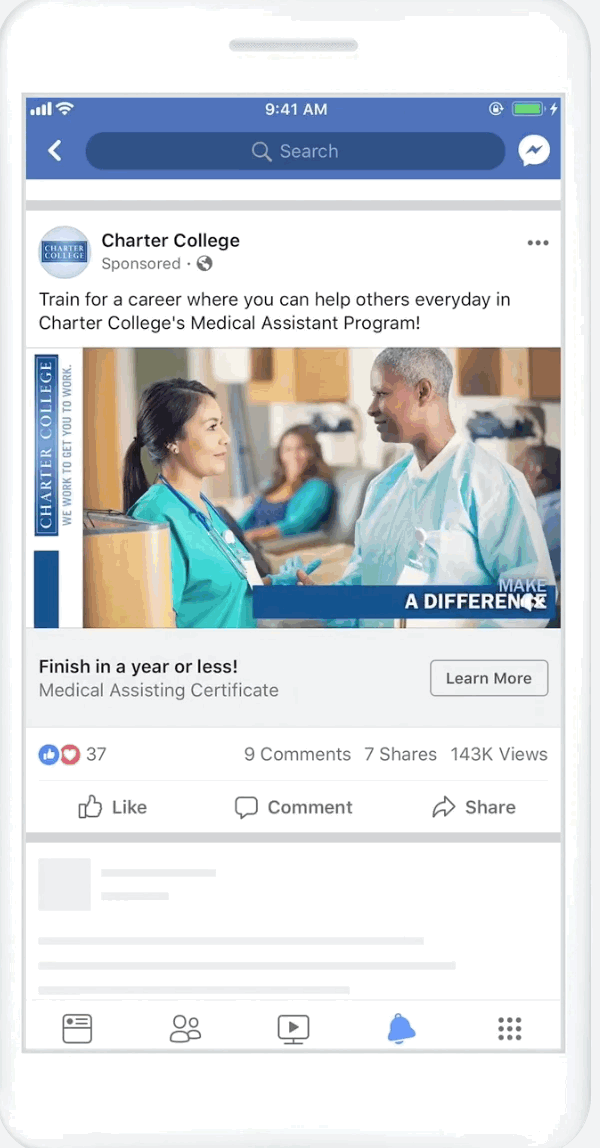 This gif shows an example of a slideshow ad of a Charter college