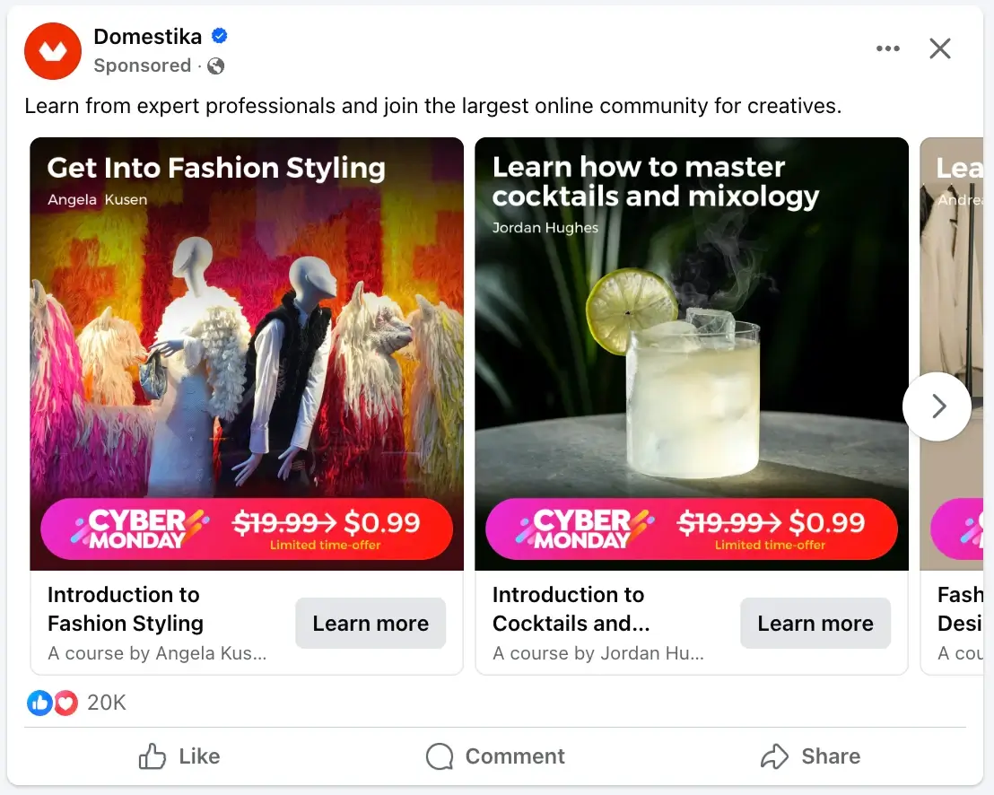 This image shows an example of an ad copy of Domestika