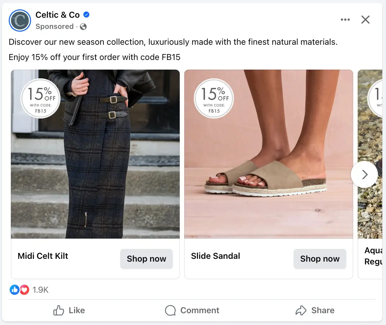 This image shows an example of a carousel ad of Celtic & Co.