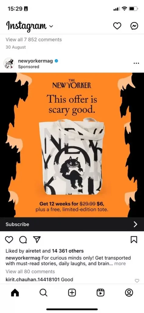 This image shows a screenshot of an Instagram feed of the New Yorker ad about a discount