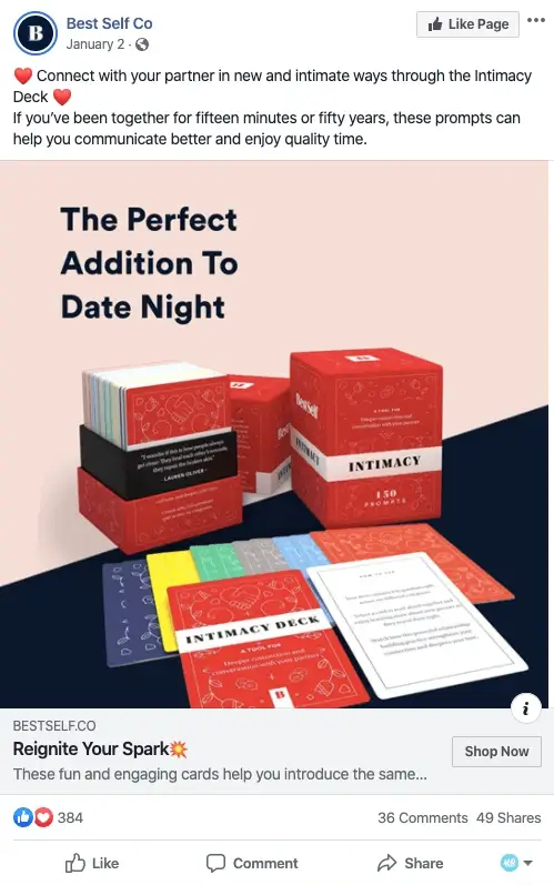This image shows a screenshot of an ad for the Intimacy Deck by Best Self Co. Features a set of colorful cards and boxes with the tagline 'The Perfect Addition to Date Night.'