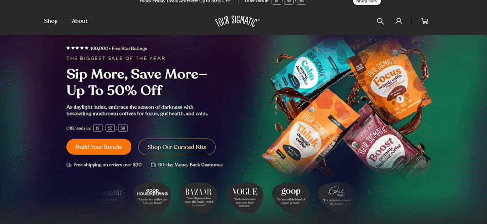 This gif shows Four Sigmatic’s landing page with unformation about discounts, feedbacks and coffee options in the shop.