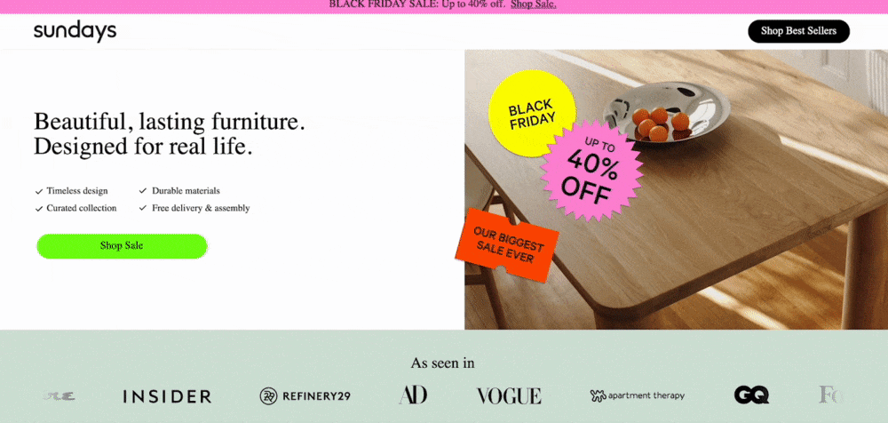 This gif shows Sunday’s landing page designed in multiple colors, there are lifestyle images on the page, product shots, and drawings.