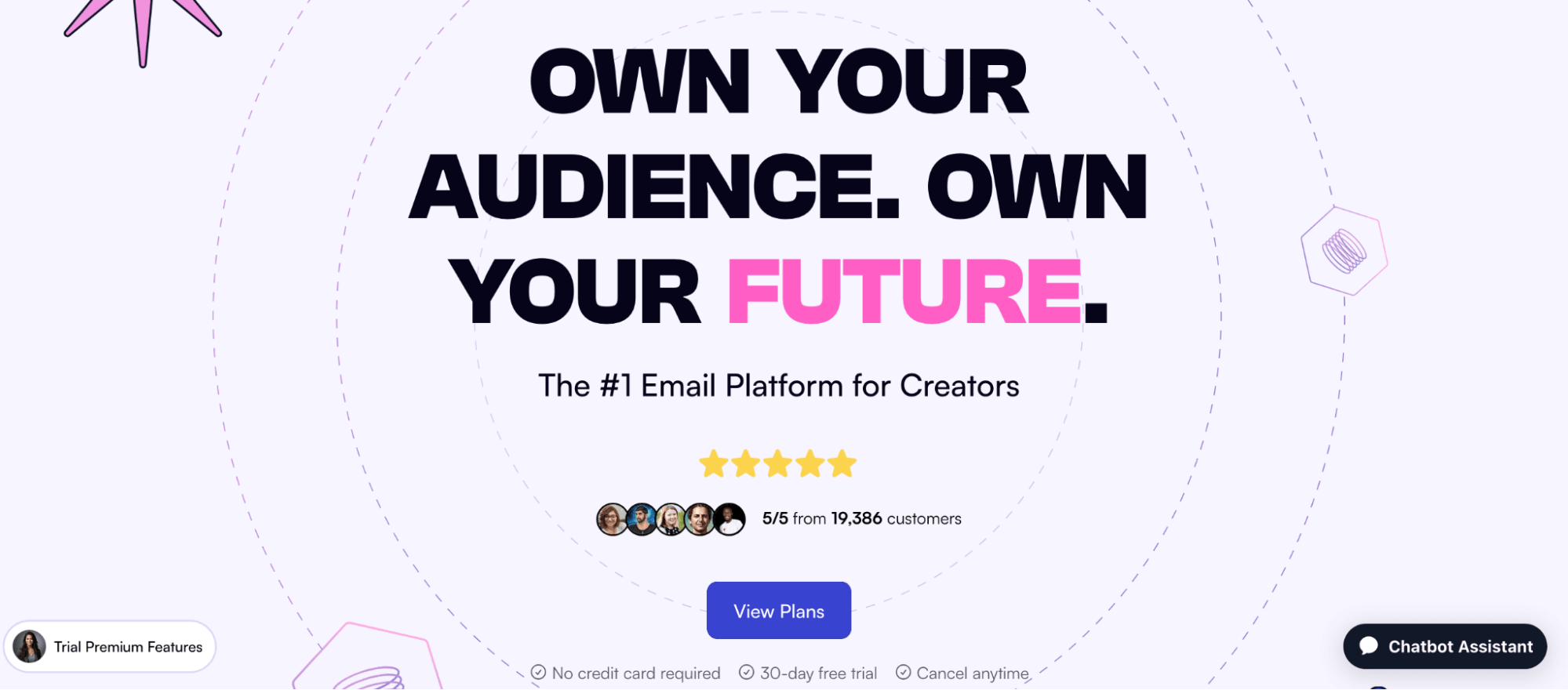 This image shows the Behiive landing page with the words "Own your audience. Own your future" and CTA "View plans".