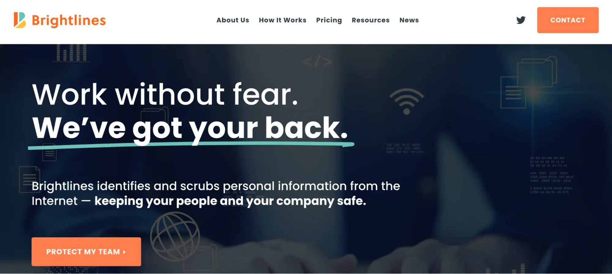 This image shows the Brightlines landing page with logo and with the text 'Work without fear. We've got your back.' promoting data protection services for teams and businesses.