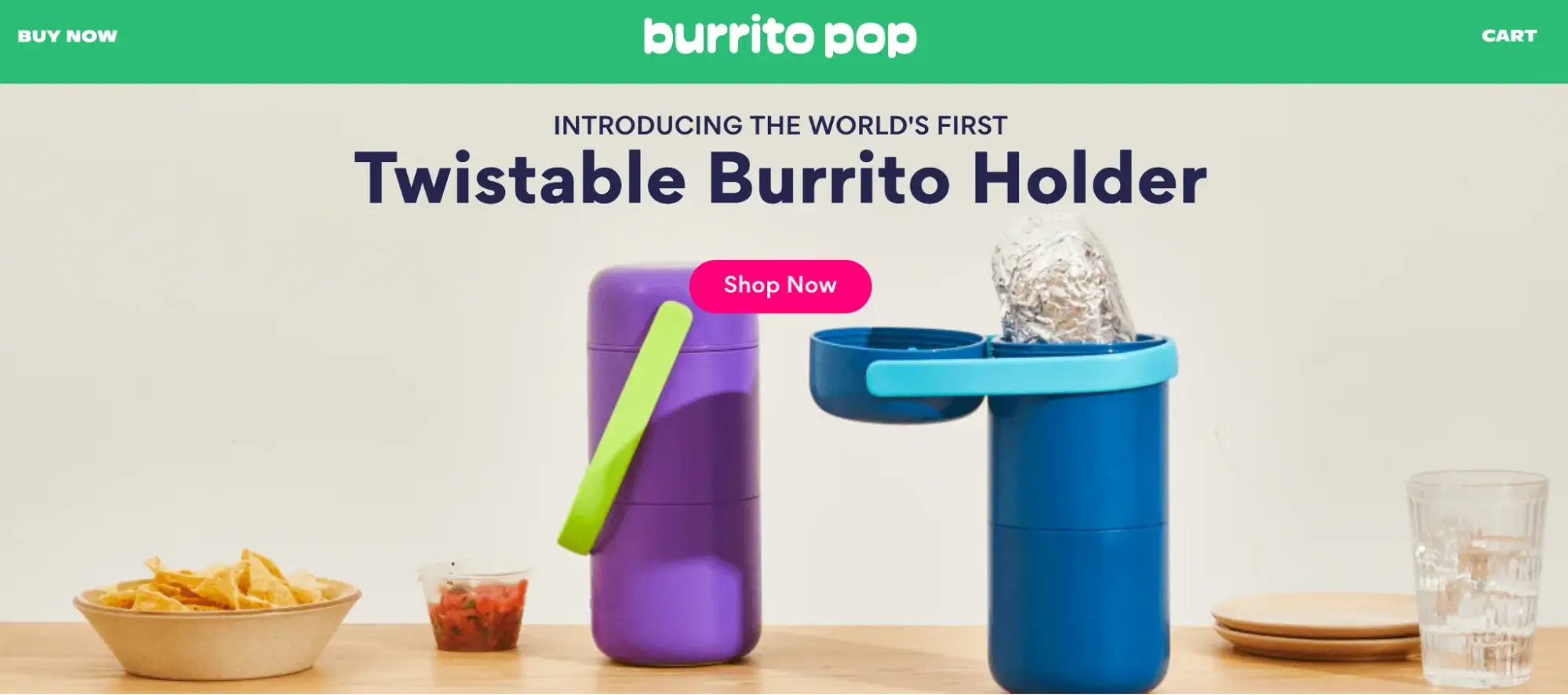 This image shows the Burrito Pop landing page showcasing a twistable burrito holder in purple and blue with the text 'Introducing the World's First Twistable Burrito Holder' and a 'Shop Now' button.