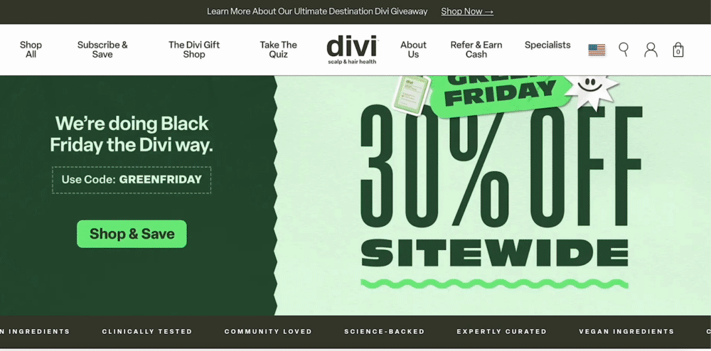 This gif shows the Divi landing page with the customer testimonials, the product images, and the review section