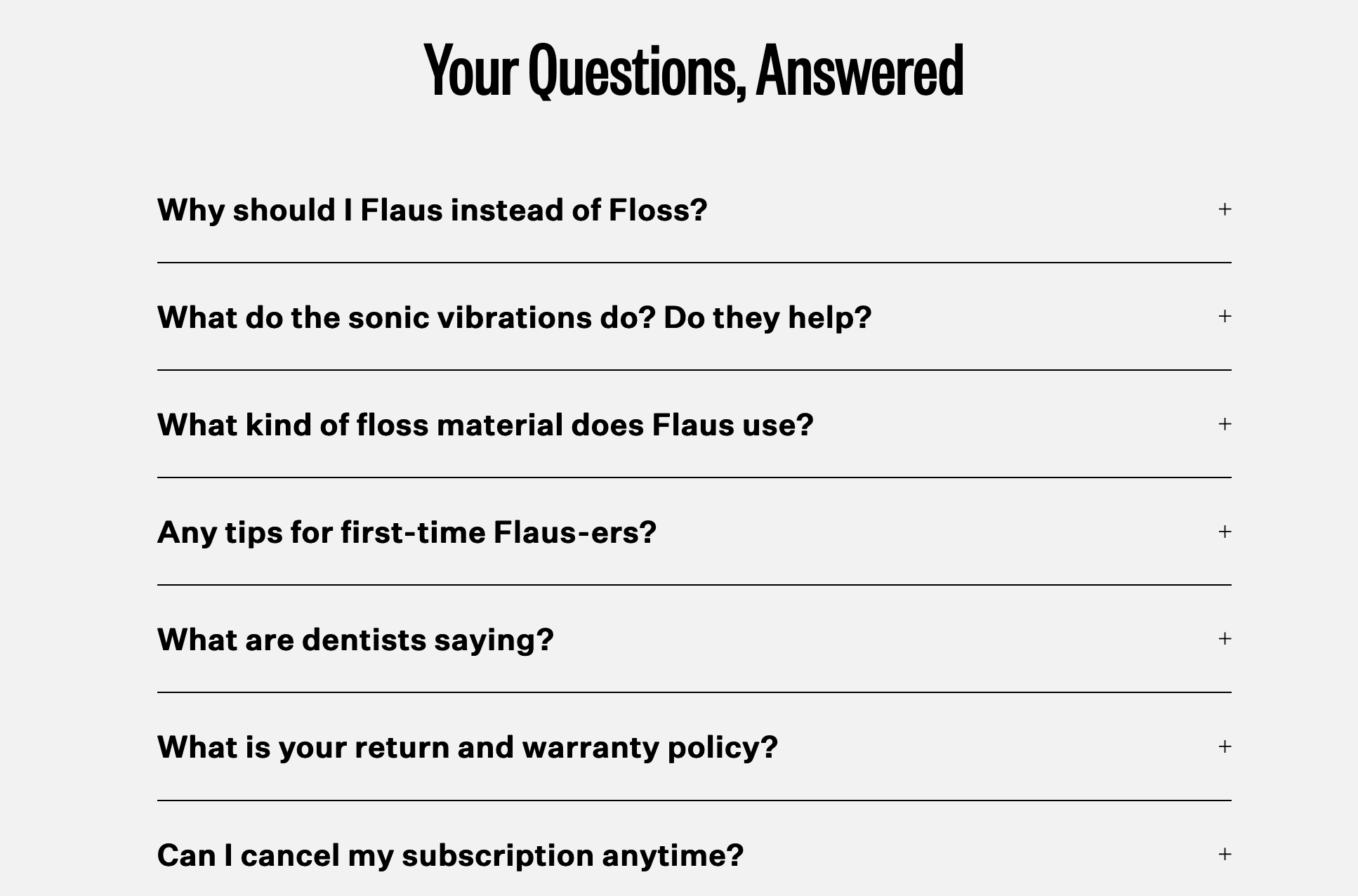 This image shows the FAQ section of the Flaus landing page