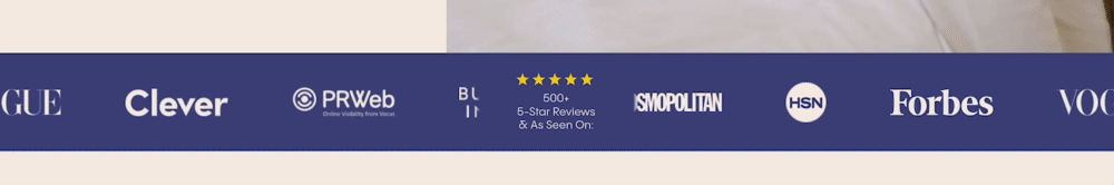 This gif shows a banner on the FluffCo landing page featuring customer badges from notable companies as well as a badge highlighting their 500+ 5-star reviews.