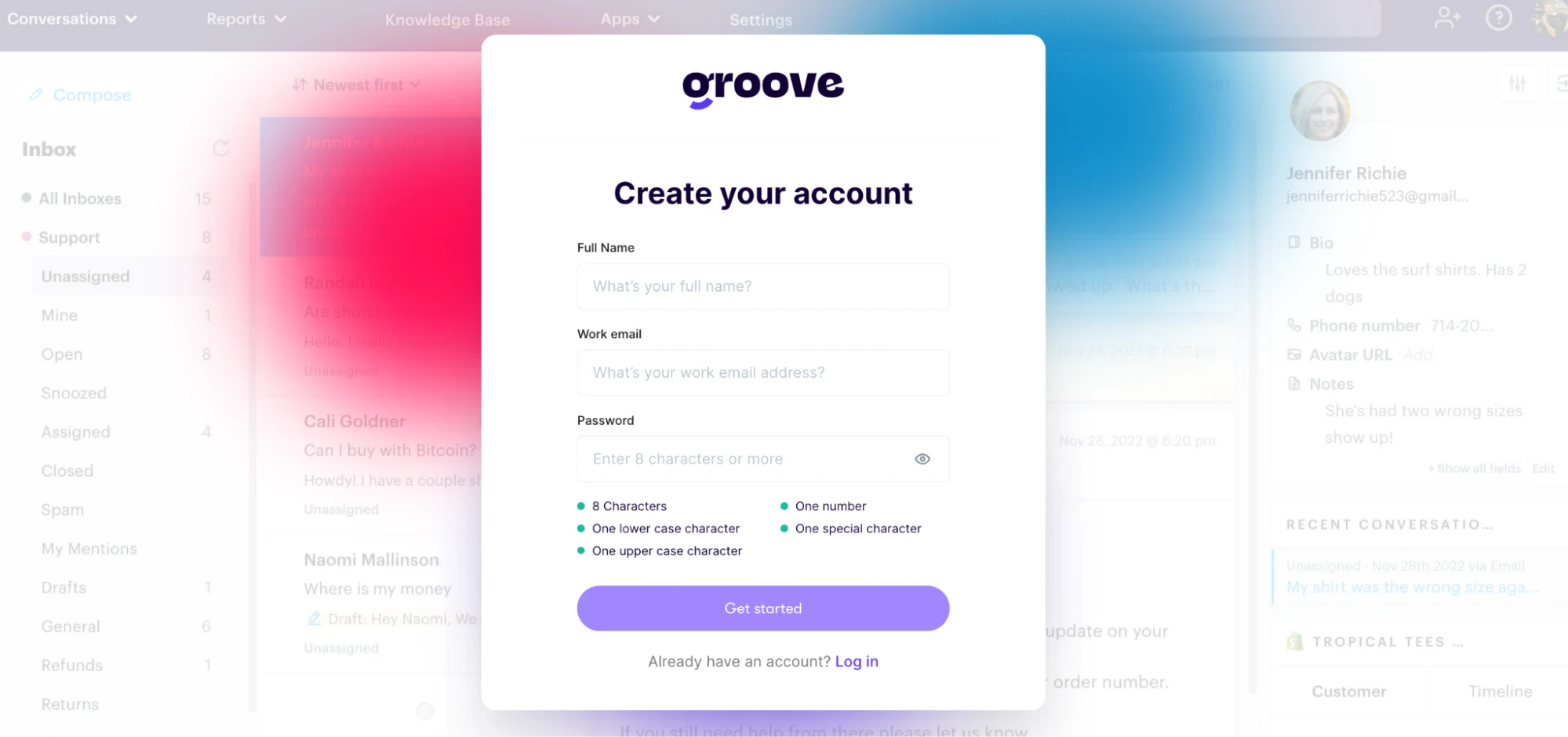 This image shows the Groove landing page showing a pop-up with a form to create your account.