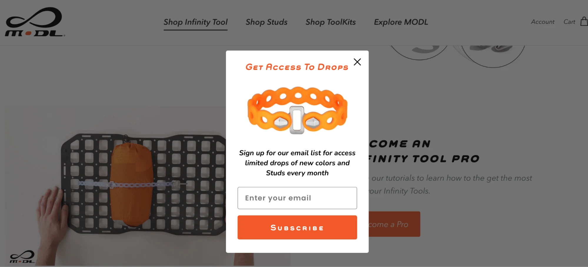 This image shows the MODL landing page showing a pop-up with the words "Get Access To Drops" with CTA "Subscribe".