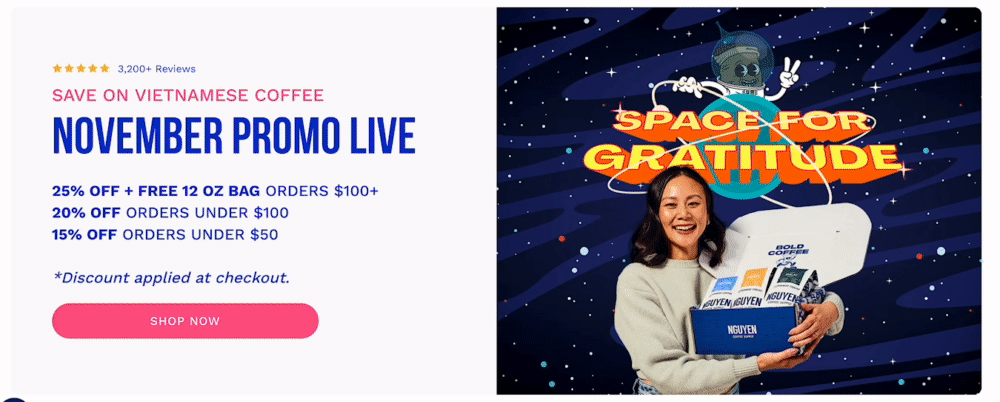 This gif shows the Nguyen landing page showing information on discounts and products available.