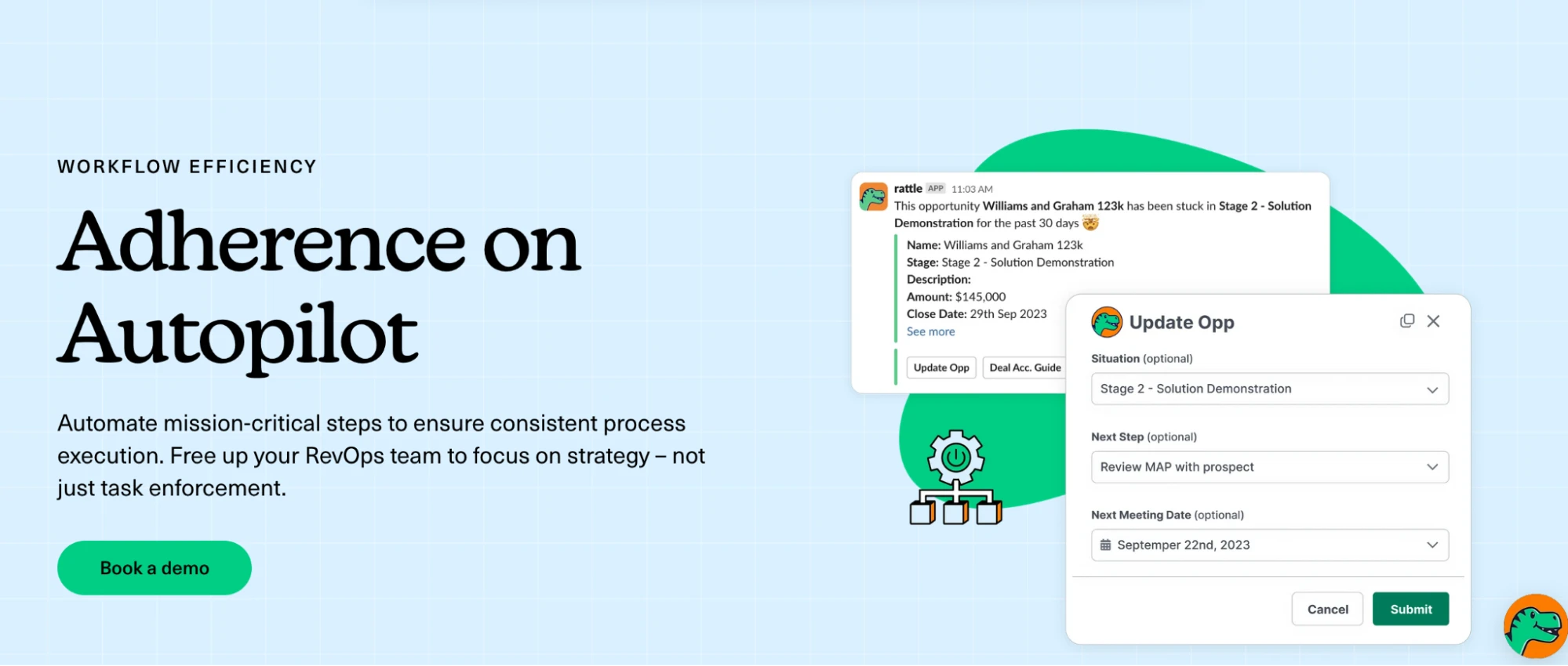 This image shows the Rattle landing page with the words "Adherence on Autopilot" and CTA "Book a demo".