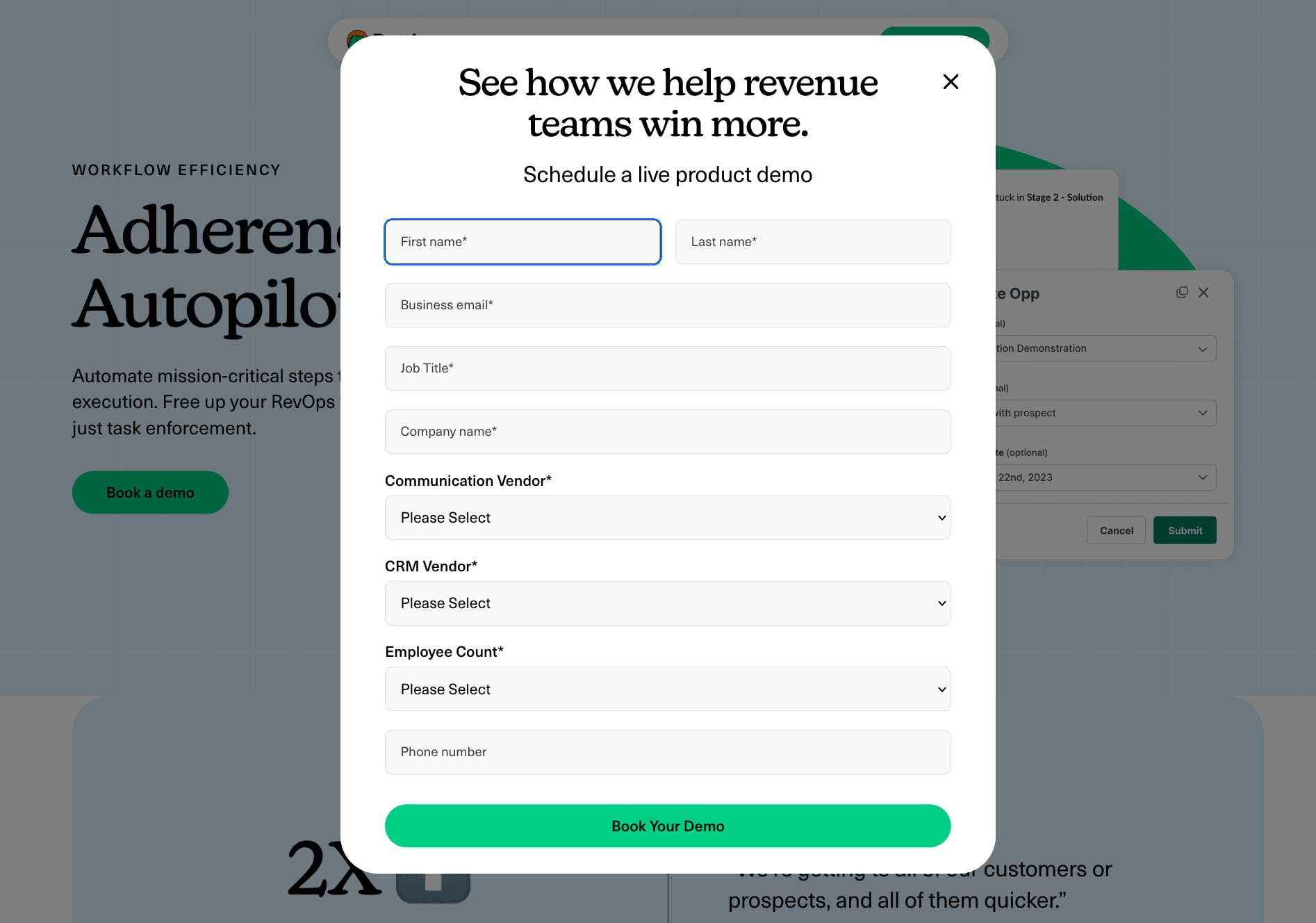 This image shows the Rattle landing page showing a pop-up with the words "See how we help revenue teams win more" and CTA "Book Your Demo".