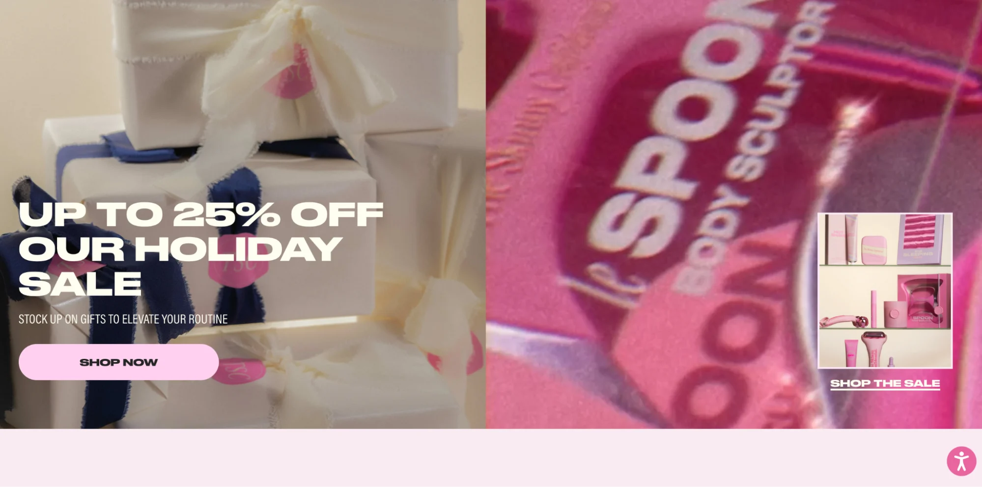 This image shows the Skinny Confidential landing page with the words "Up to 25% off our holiday sale" and CTA "Shop now".