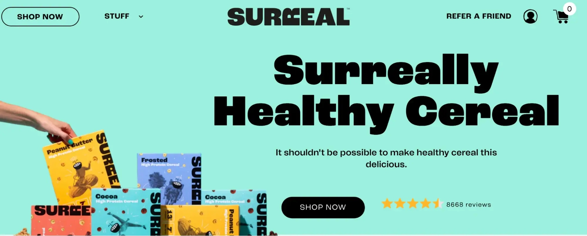 This image shows the Surreal landing page with the Surreal Healthy Cereal advertisement