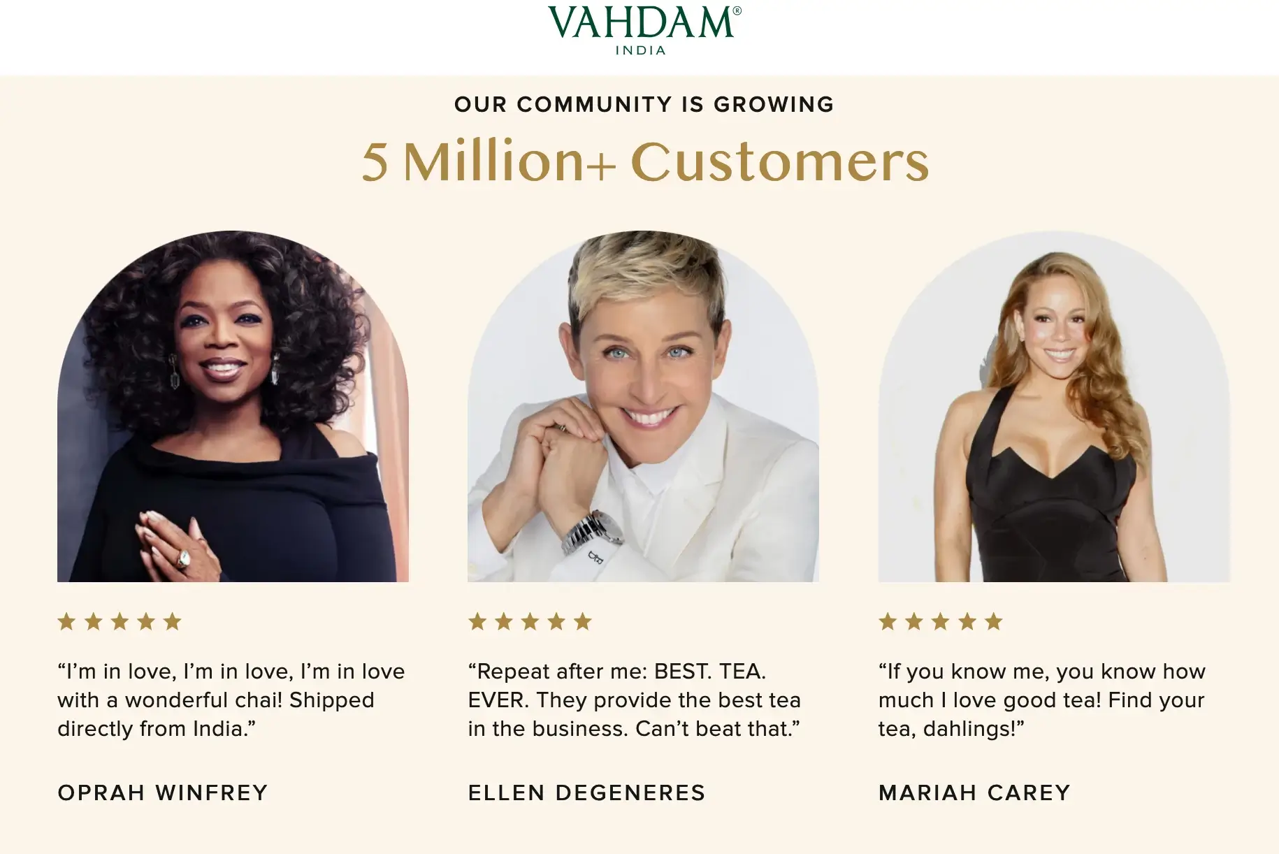 This image shows the Vandham landing page showing 5 star customer testimonials from big names like Oprah Winfrey, Ellen Degeneres, Mariah Carey.