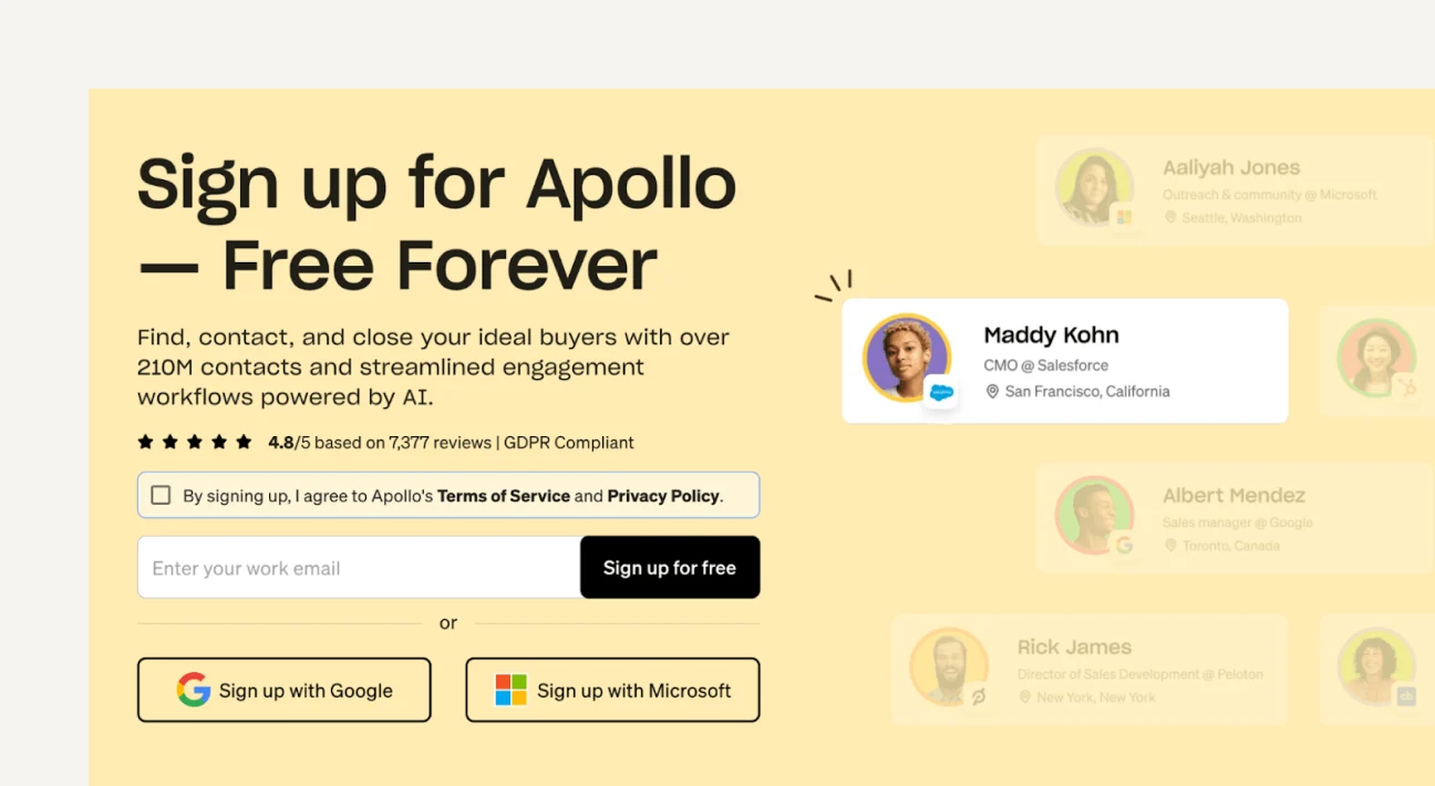 This image shows Apollo lead capture landing page example.