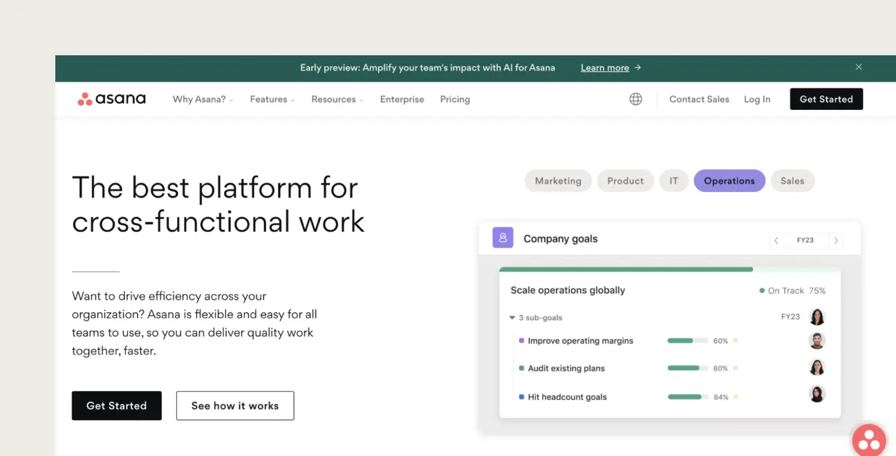 This image shows Asana homepage example.
