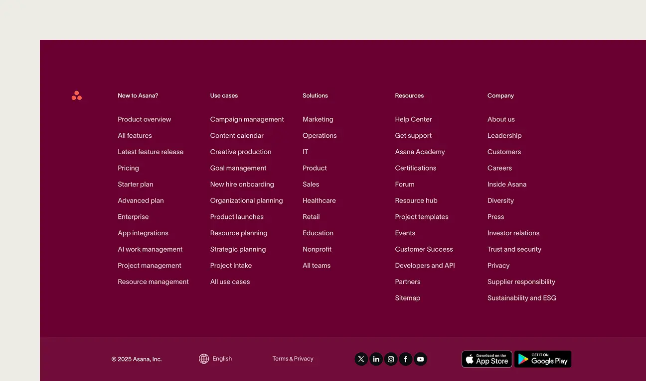 This image shoes Asana home page footer example.