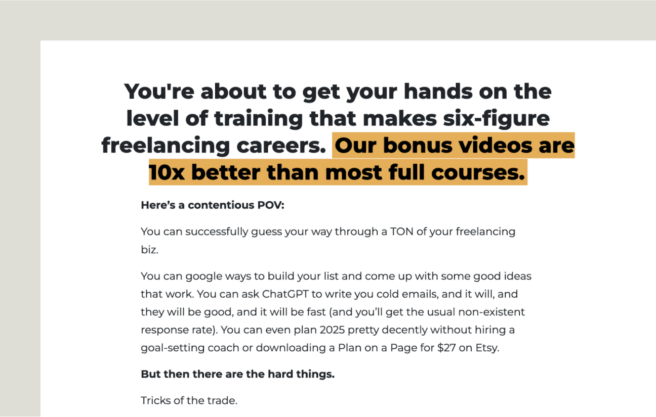 This image shows freelancing school long form sales page example.