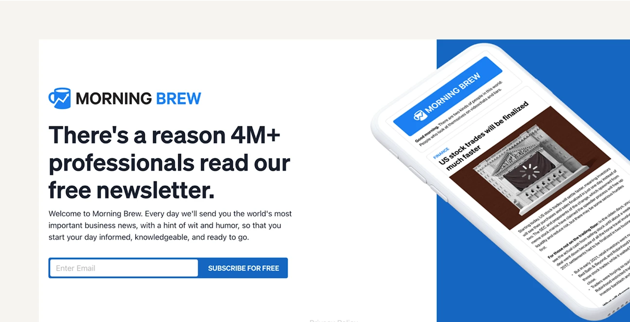 This image shows MORNING BREW Squeeze page example.
