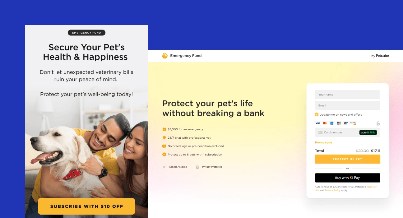 This image shows Petcube email capture landing page example.