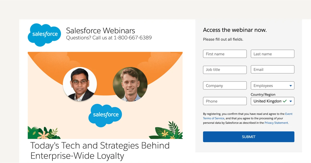 This image shows salesforce webinar landing page example.