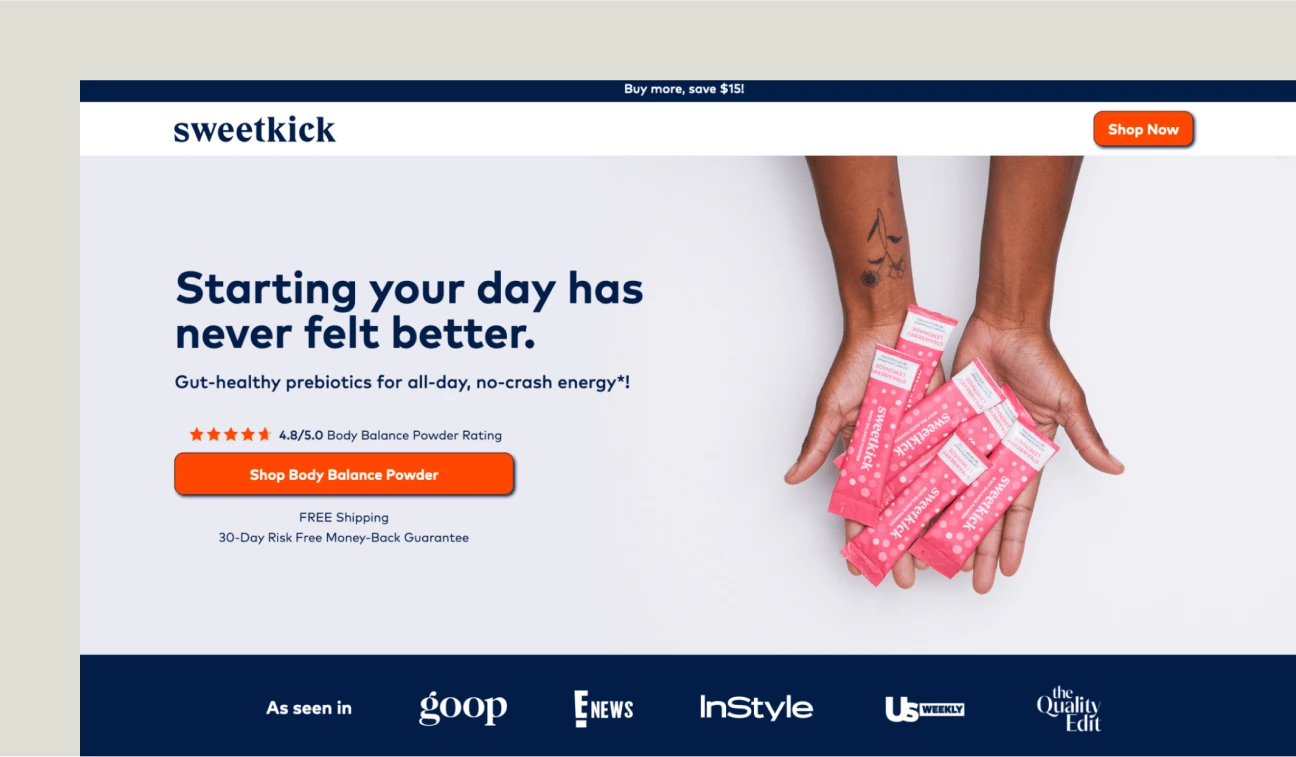 This image shows sweetkick landing page example.