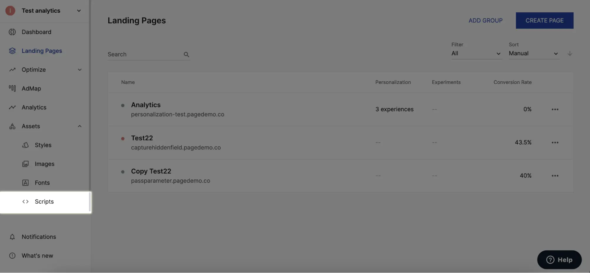 This image shows Instapage workspace scripts feature.