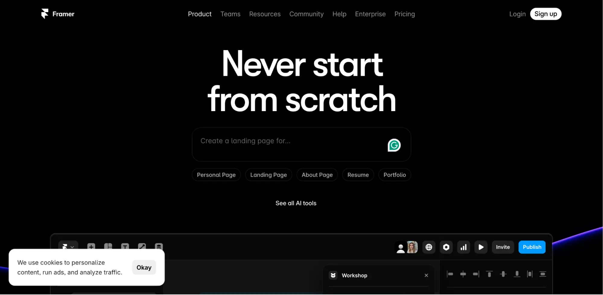 This image shows Framer AI landing page builder example.
