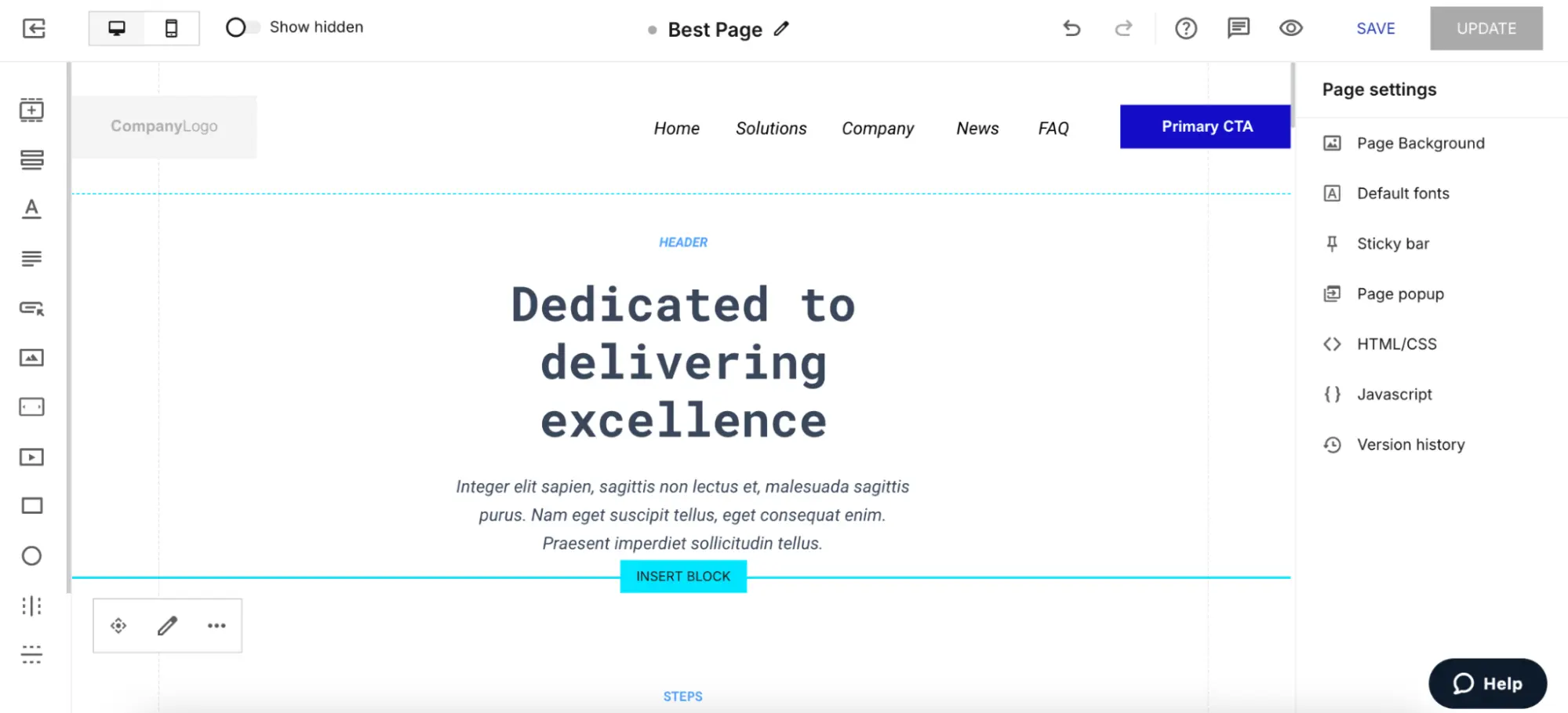 This image shows Instapage drag and drop builder dashboard.