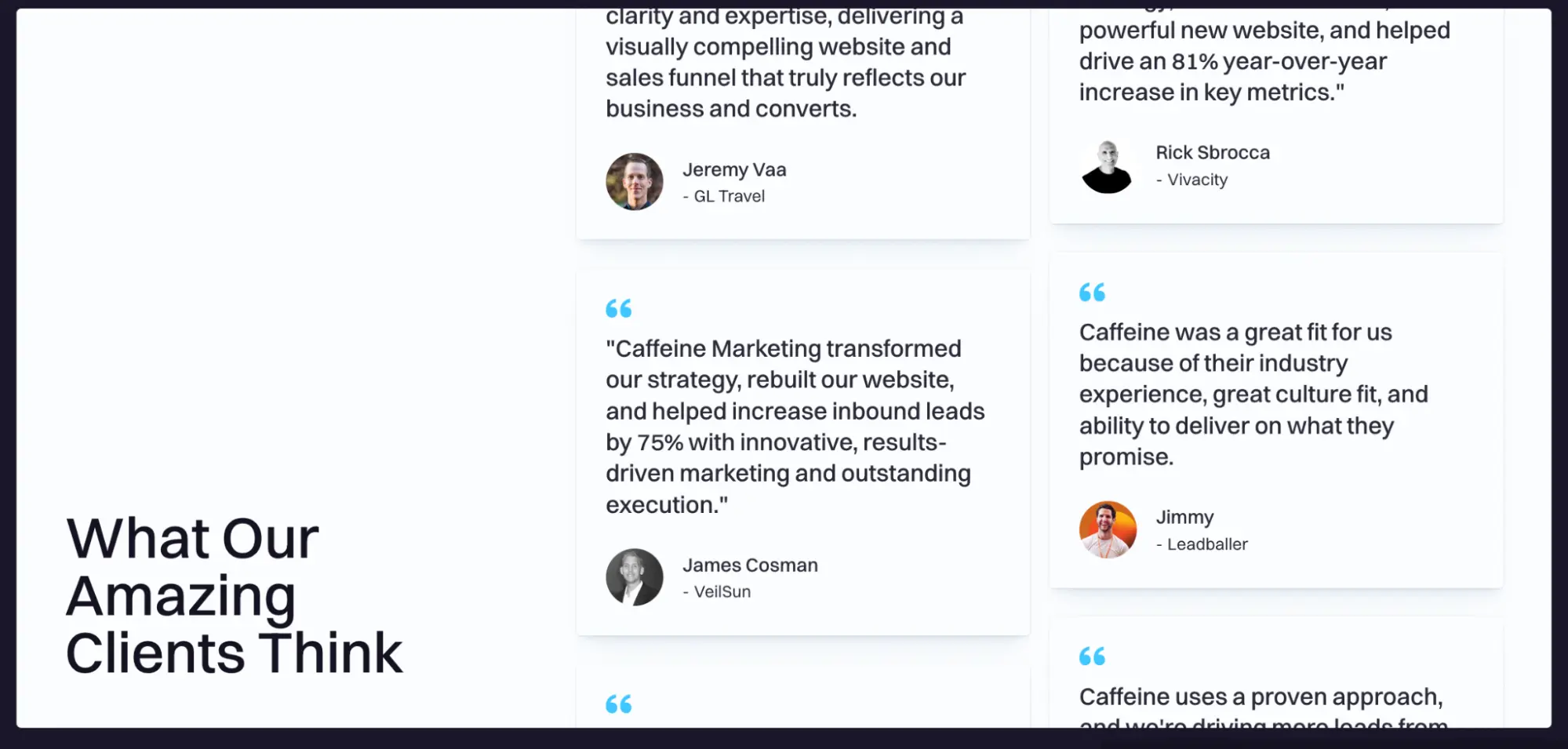 This image shows Caffeine customer testimonials.
