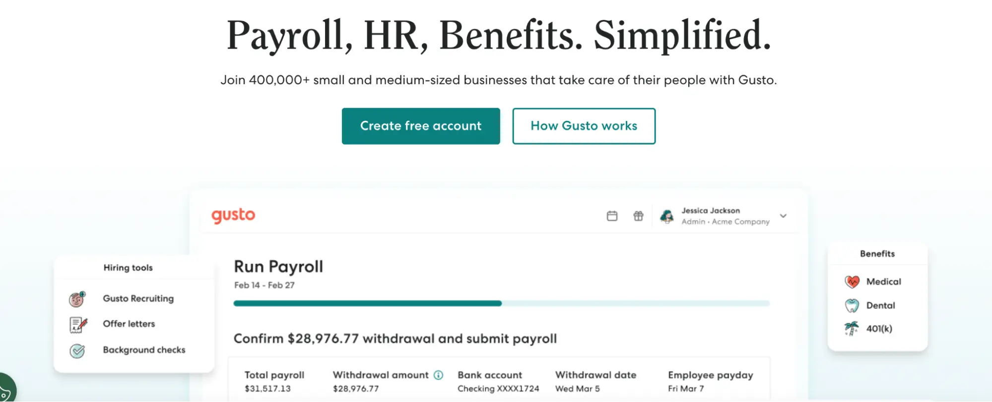 This image shows Gusto landing page example.