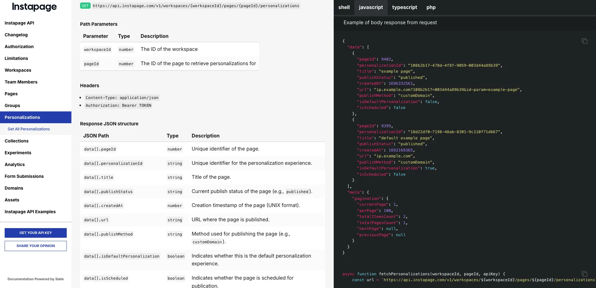 This image shows Instapage API documentation.