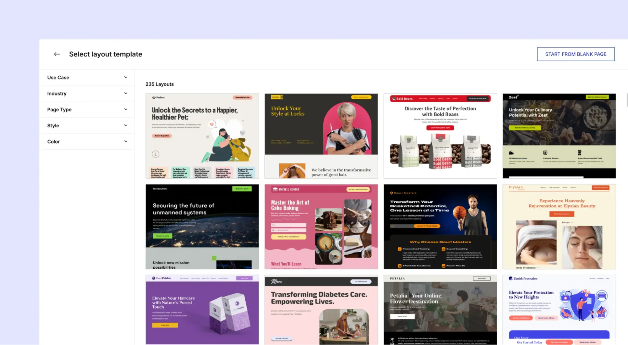 This image shows Instapage template library.