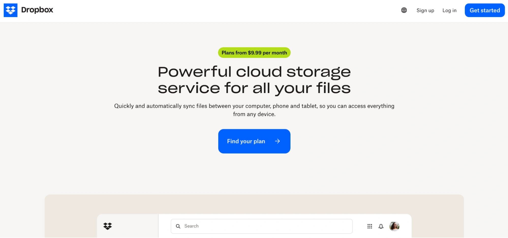 This image shows Dropbox landing page example.
