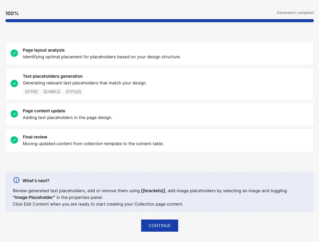 This image shows Instapage AI collection placeholder step.
