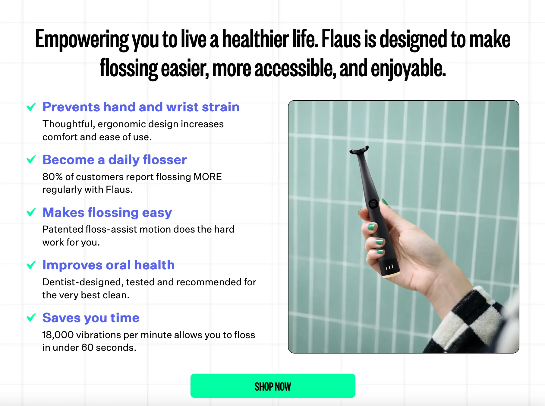 This image shows Flaus electric flosser page example.